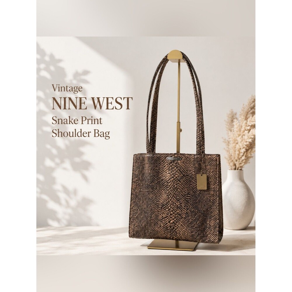 Vintage Nine West Brown Snake Print Purse Long Strap Shoulder Tote 90s Y2K